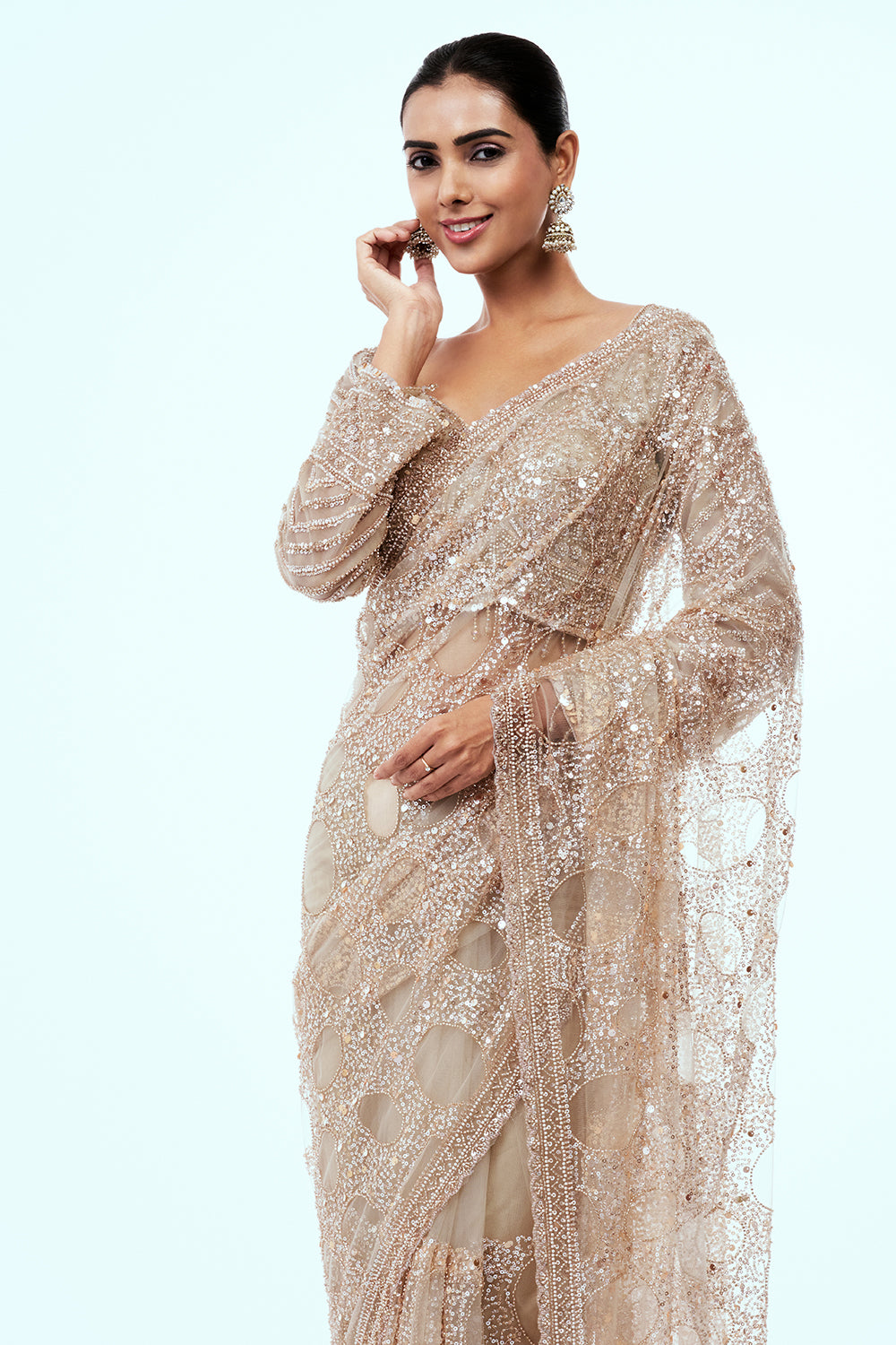 Rose Gold Net Saree with Cutdana Work