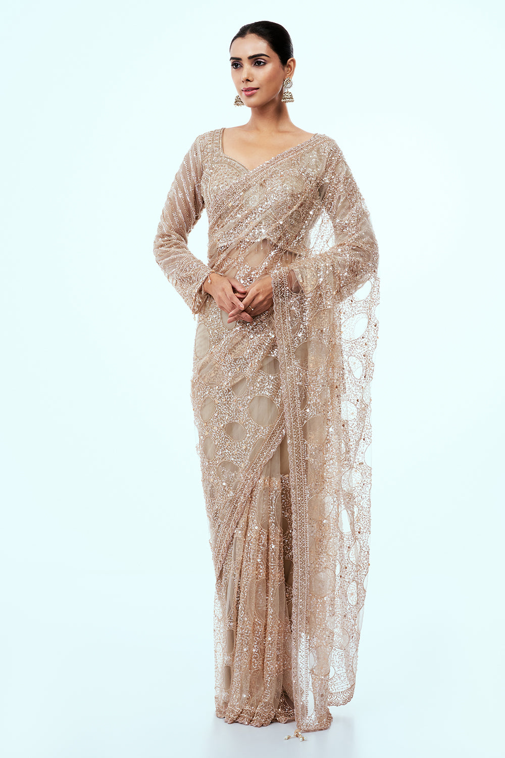 Rose Gold Net Saree with Cutdana Work