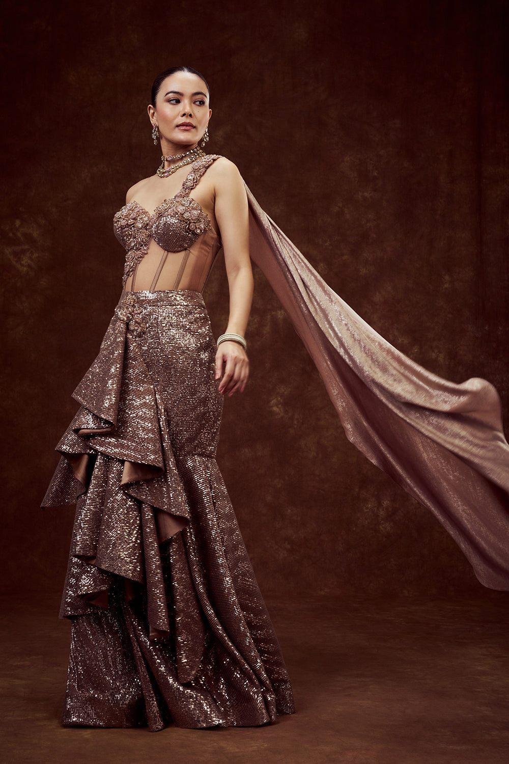 Copper Sequin Indo-Western Mermaid Gown with 3D Flower Work