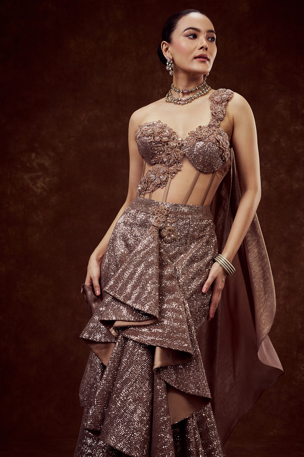 Copper Sequin Indo-Western Mermaid Gown with 3D Flower Work