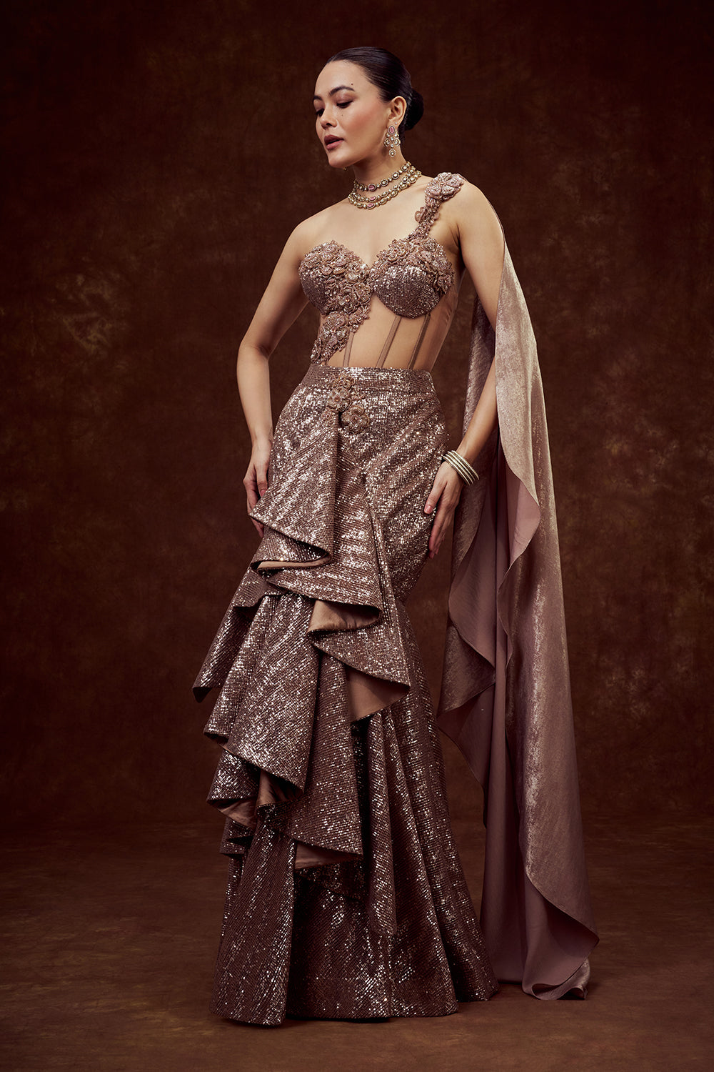 Copper Sequin Indo-Western Mermaid Gown with 3D Flower Work