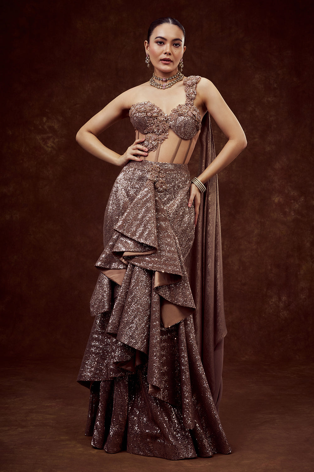 Copper Sequin Indo-Western Mermaid Gown with 3D Flower Work
