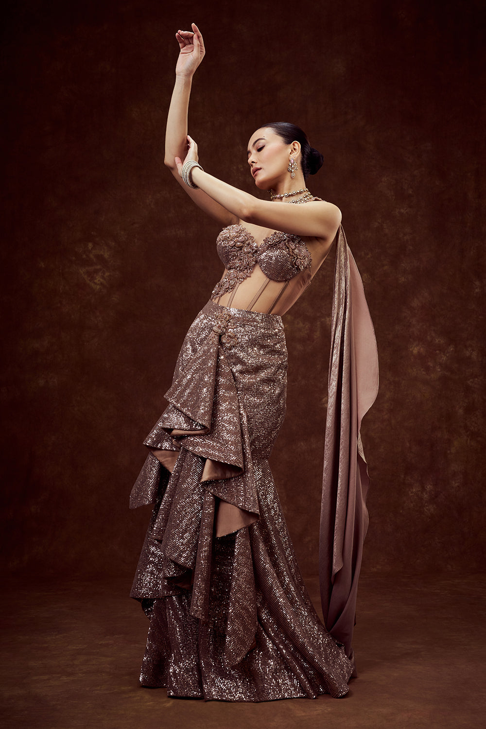 Copper Sequin Indo-Western Mermaid Gown with 3D Flower Work