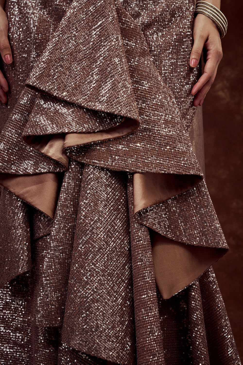Copper Sequin Indo-Western Mermaid Gown with 3D Flower Work