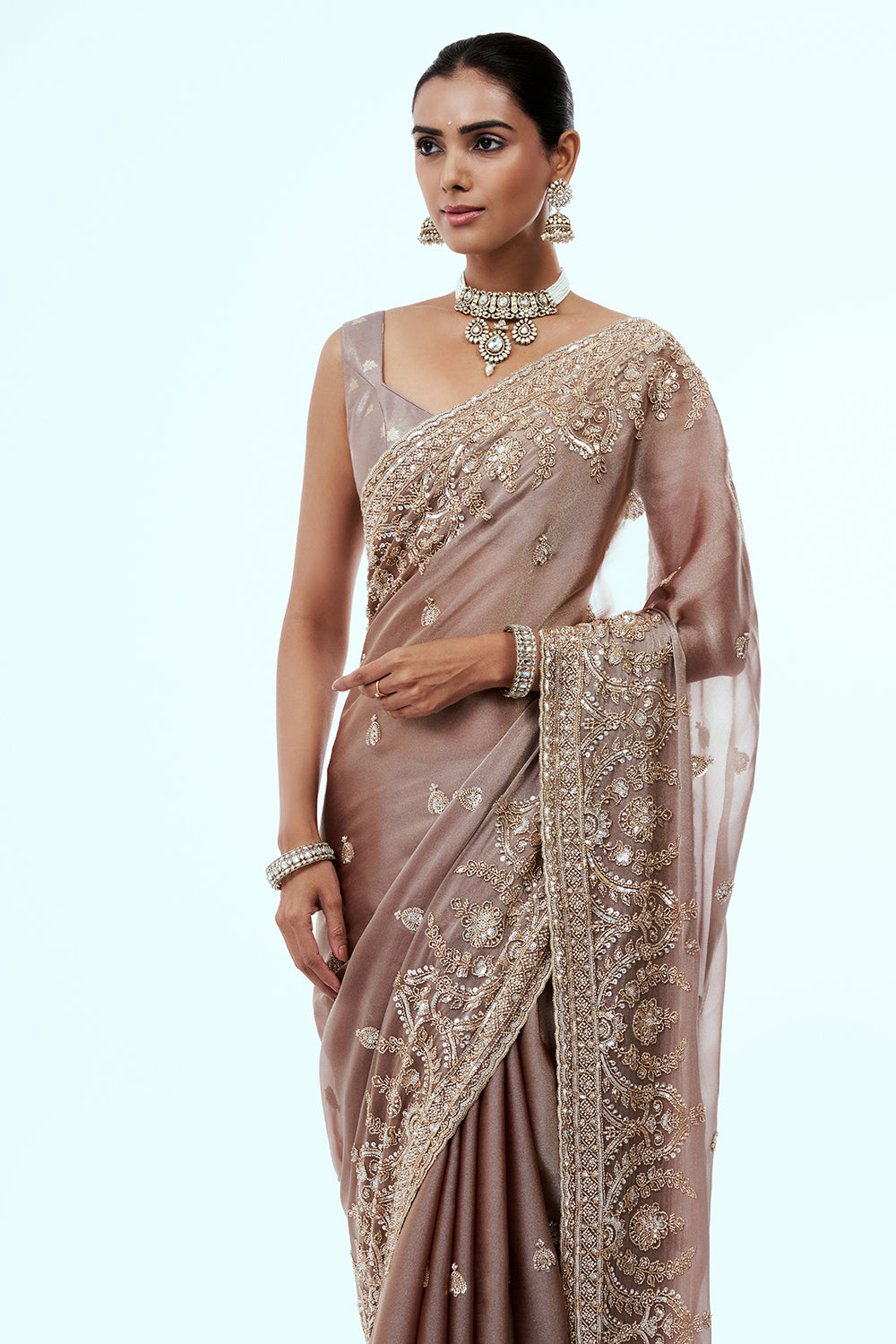 Rose Gold Shimmer Organza Saree with Bead Work