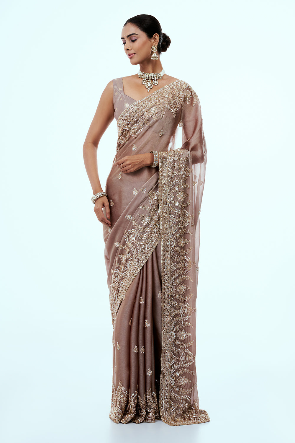 Rose Gold Shimmer Organza Saree with Bead Work