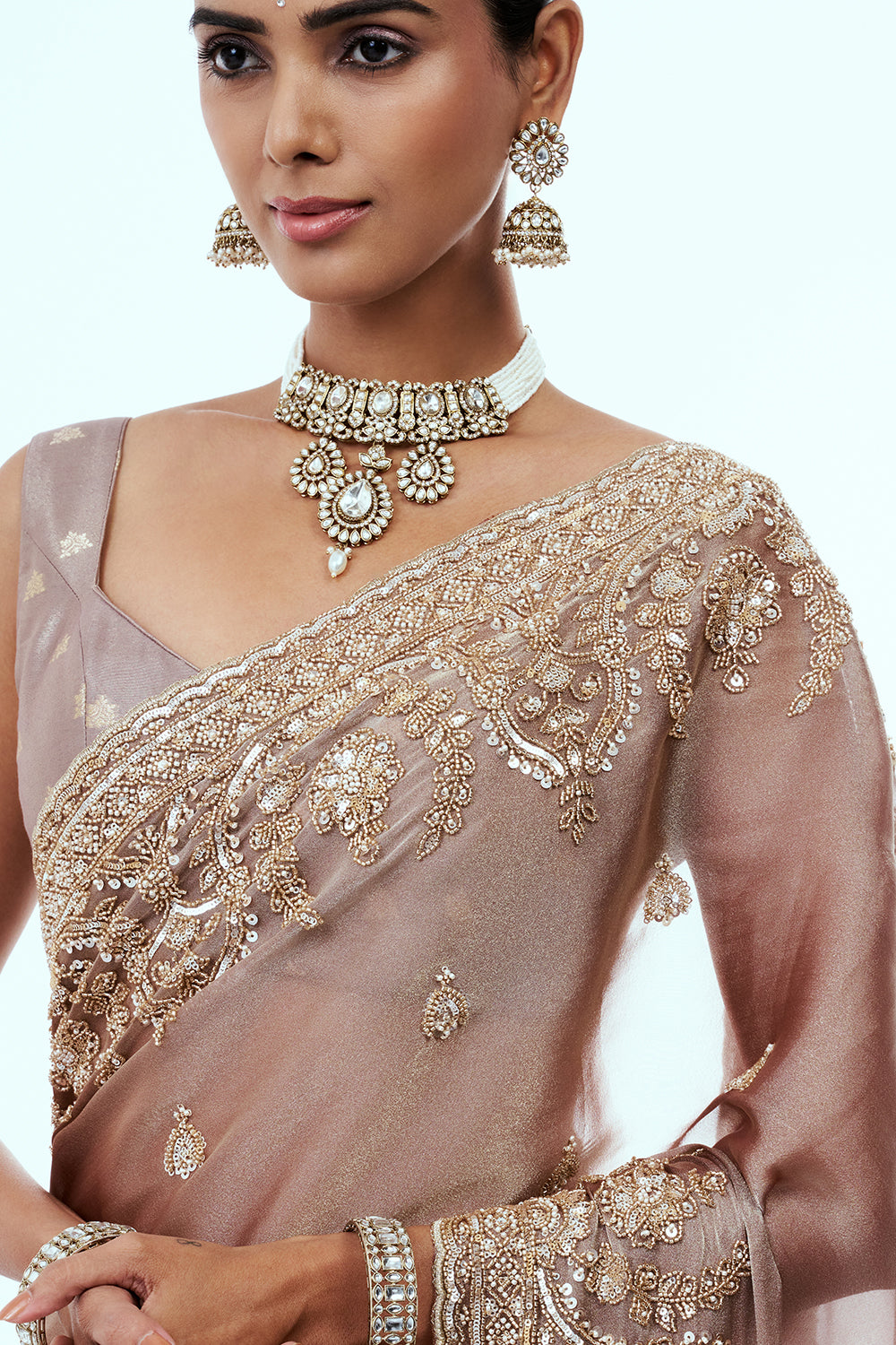 Rose Gold Shimmer Organza Saree with Bead Work