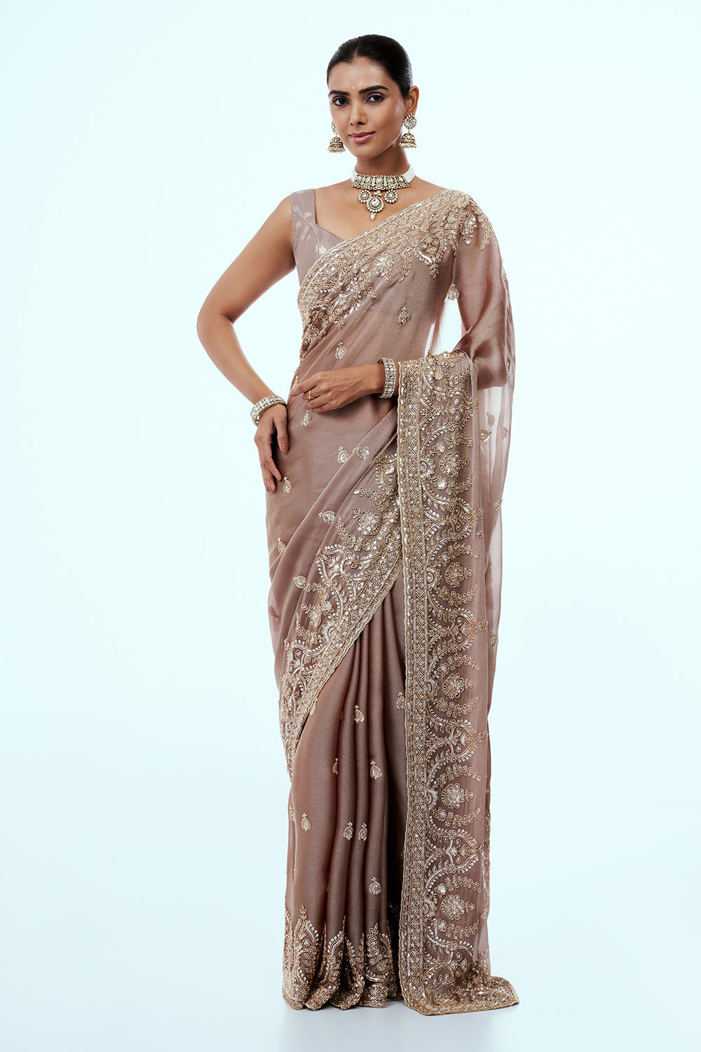 Rose Gold Shimmer Organza Saree with Bead Work