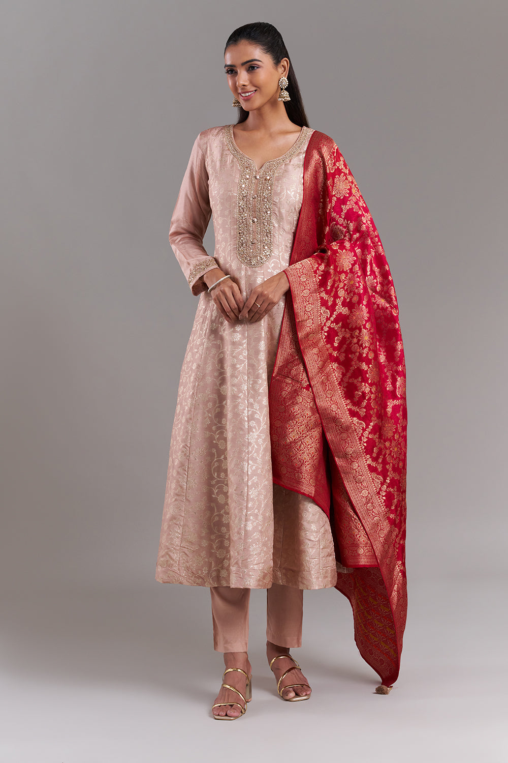 Rose Gold Brocade Anarkali Suit with Crimson Red Dupatta
