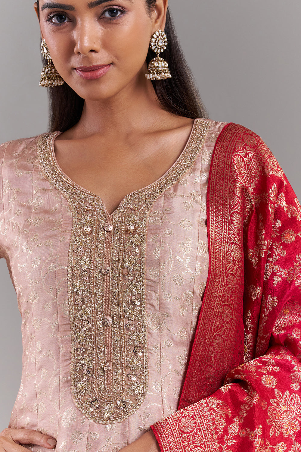Rose Gold Brocade Anarkali Suit with Crimson Red Dupatta
