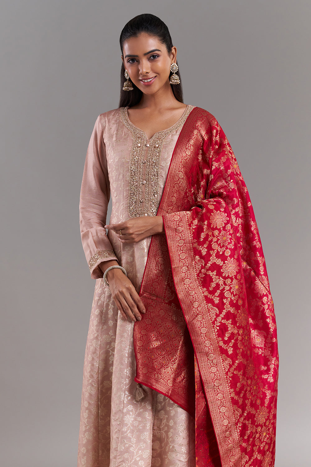 Rose Gold Brocade Anarkali Suit with Crimson Red Dupatta