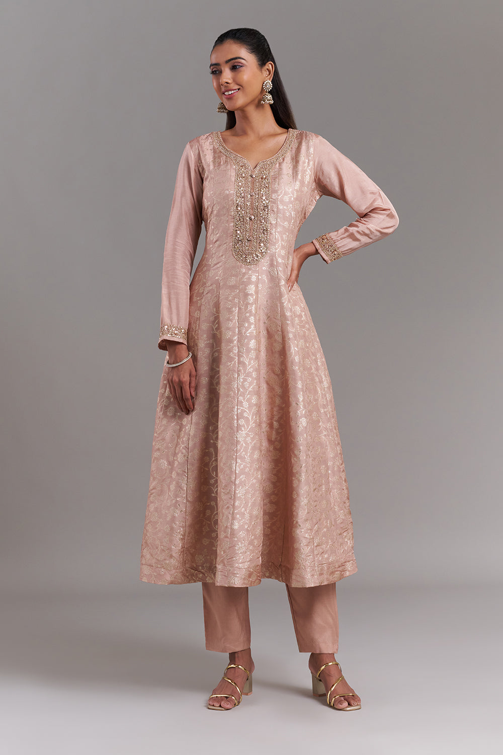 Rose Gold Brocade Anarkali Suit with Crimson Red Dupatta