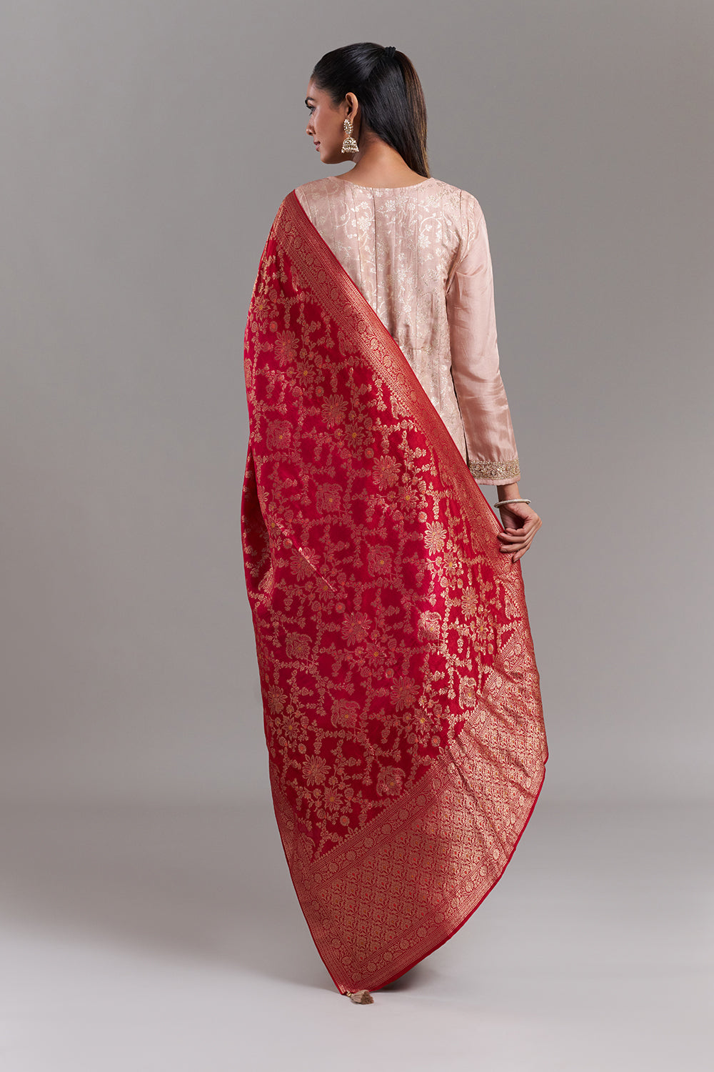 Rose Gold Brocade Anarkali Suit with Crimson Red Dupatta