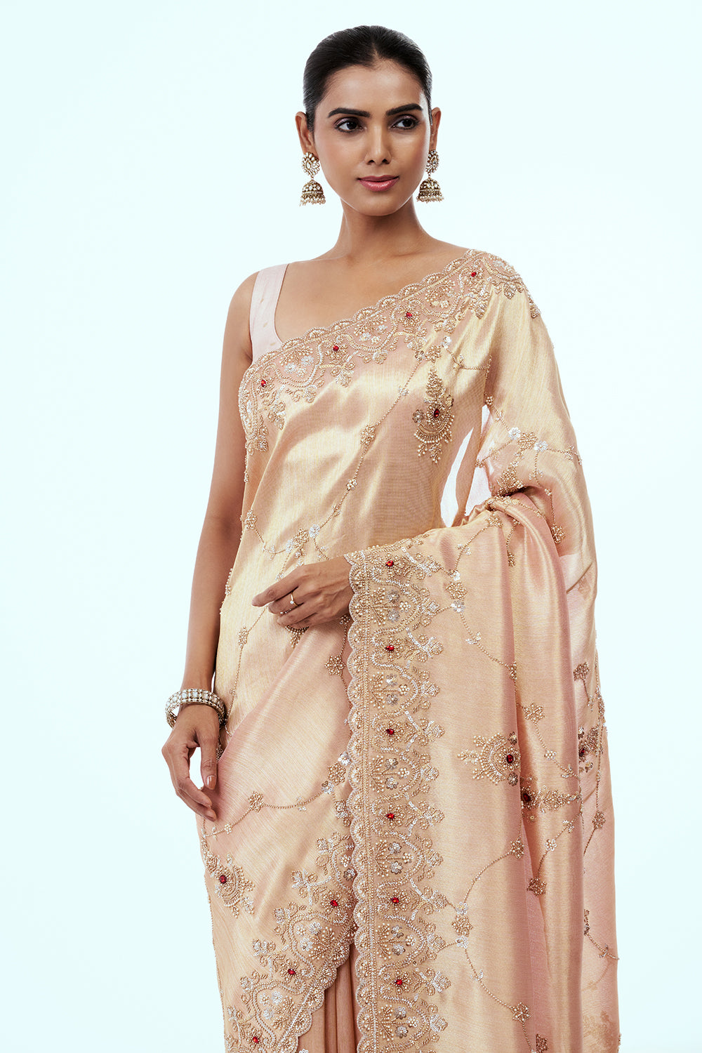 Rose Gold Tissue Saree with Cutdana Work