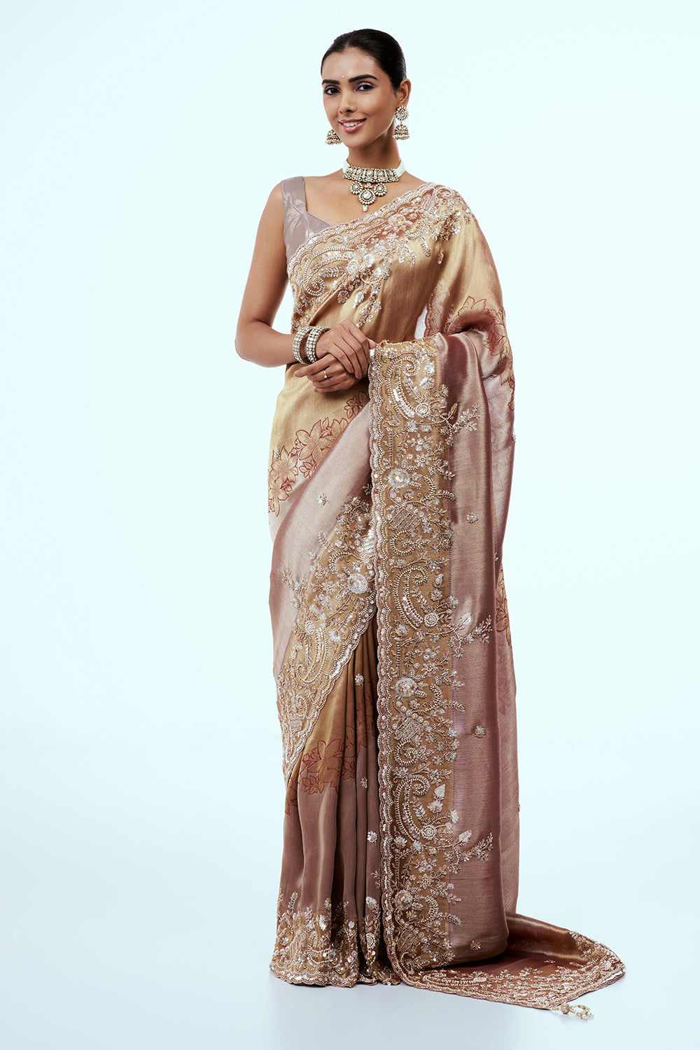Rose Gold Tissue Silk Saree with Cutdana Work
