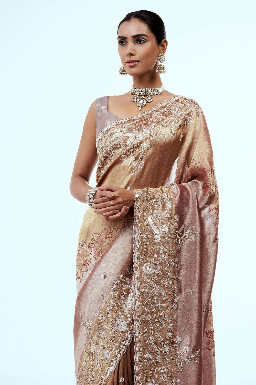 Rose Gold Tissue Silk Saree with Cutdana Work