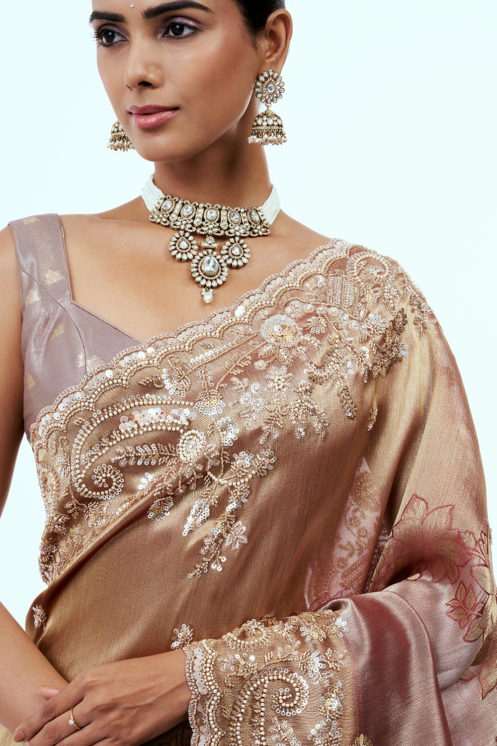 Rose Gold Tissue Silk Saree with Cutdana Work
