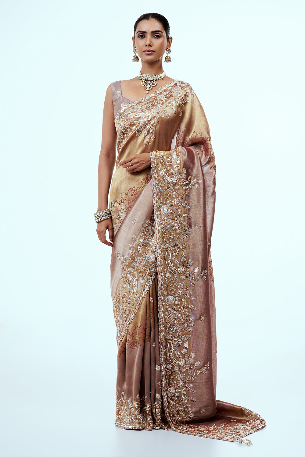 Rose Gold Tissue Silk Saree with Cutdana Work