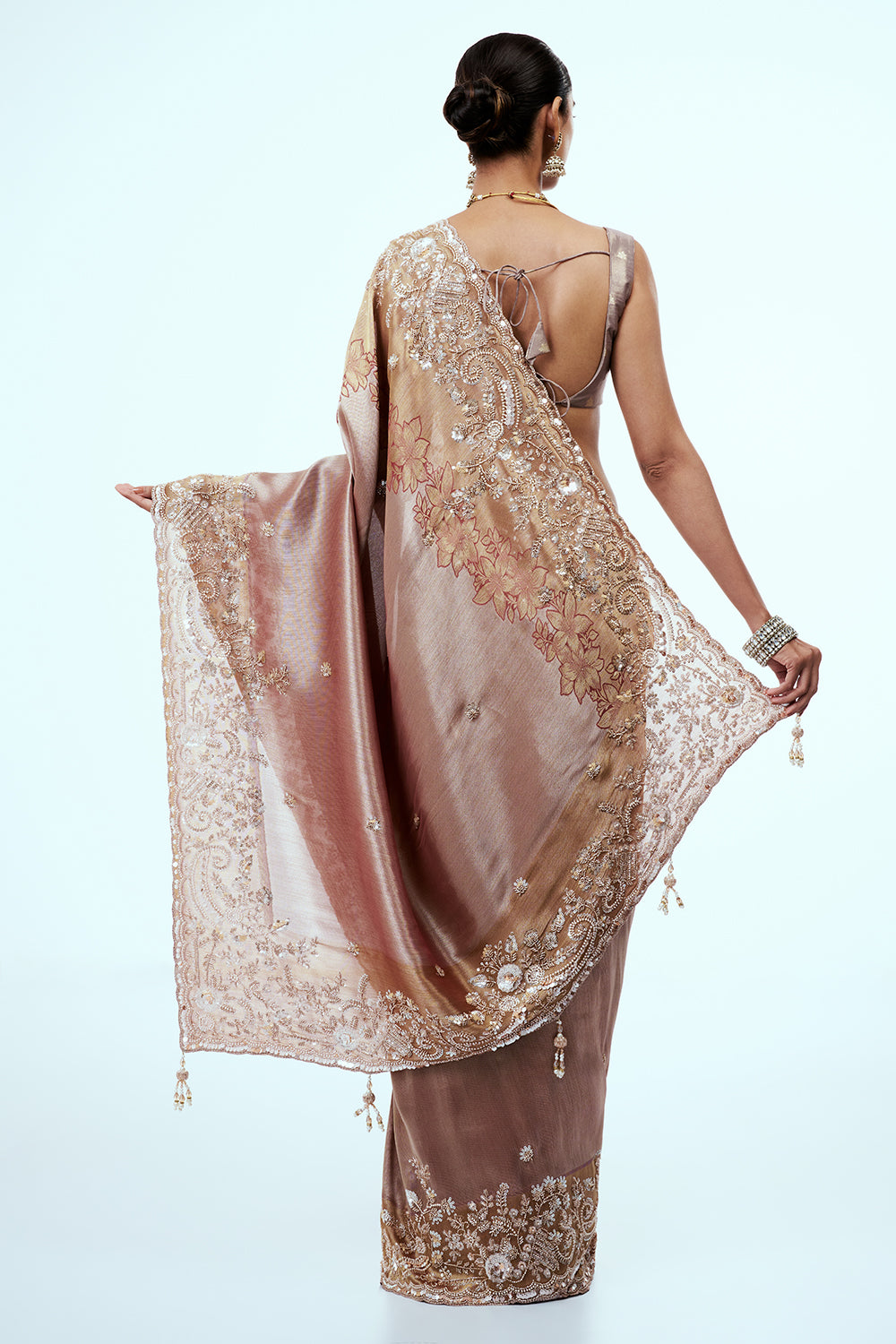 Rose Gold Tissue Silk Saree with Cutdana Work
