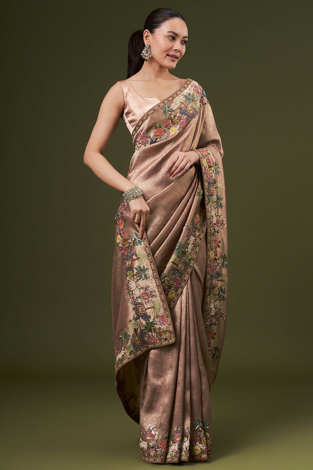 Rose Golden Brocade Silk Jacquard Saree with Thread and Zari Work