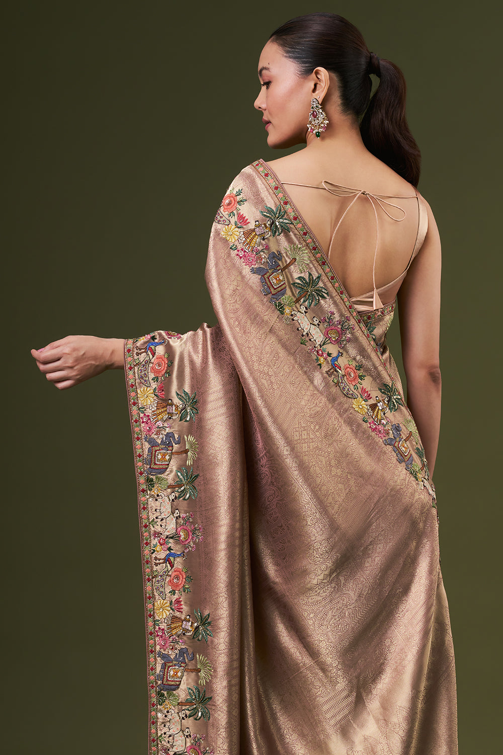Rose Golden Brocade Silk Jacquard Saree with Thread and Zari Work