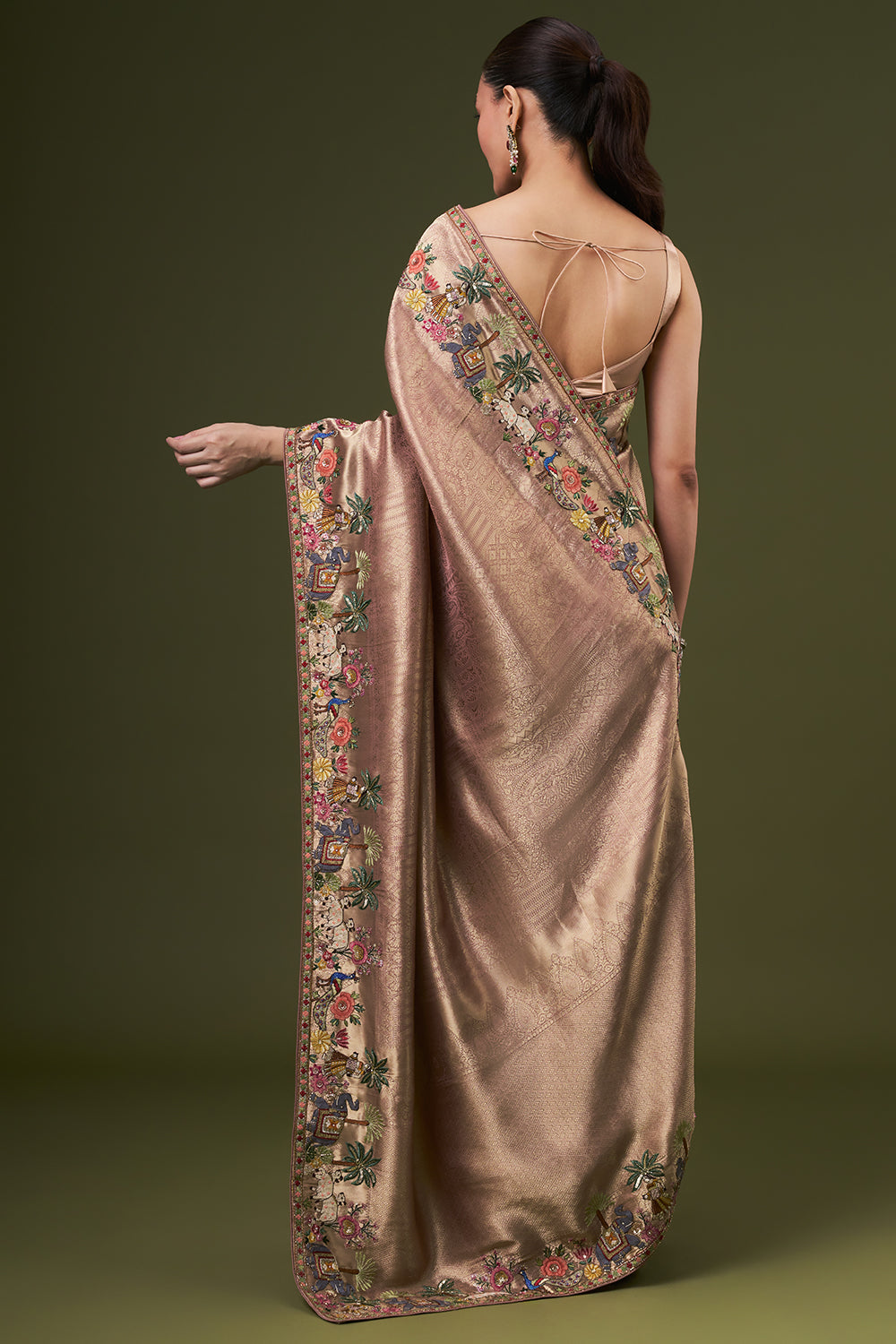 Rose Golden Brocade Silk Jacquard Saree with Thread and Zari Work