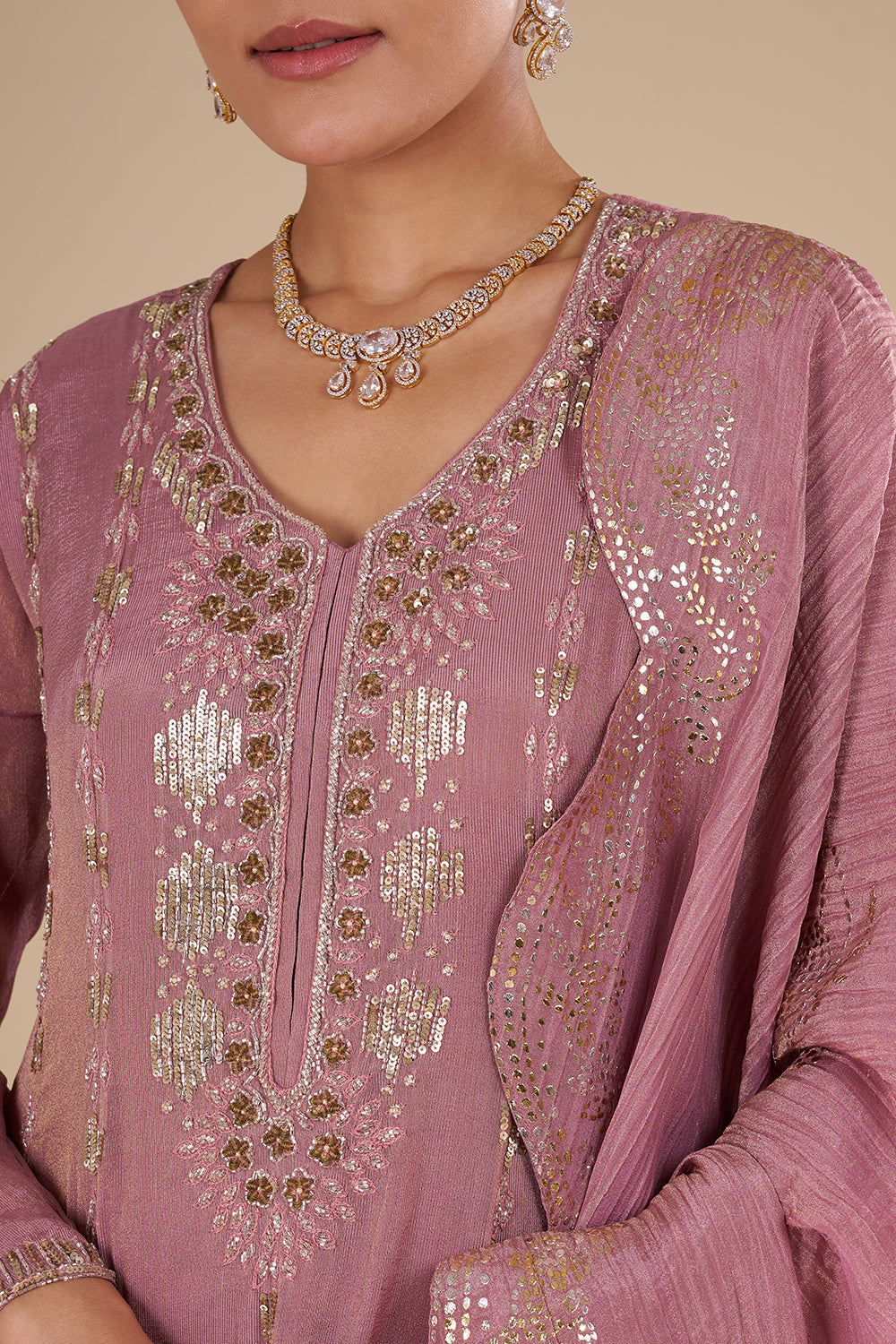 Rose Mauve Silk Blend Kurta Set with Zari and Sequins Handwork