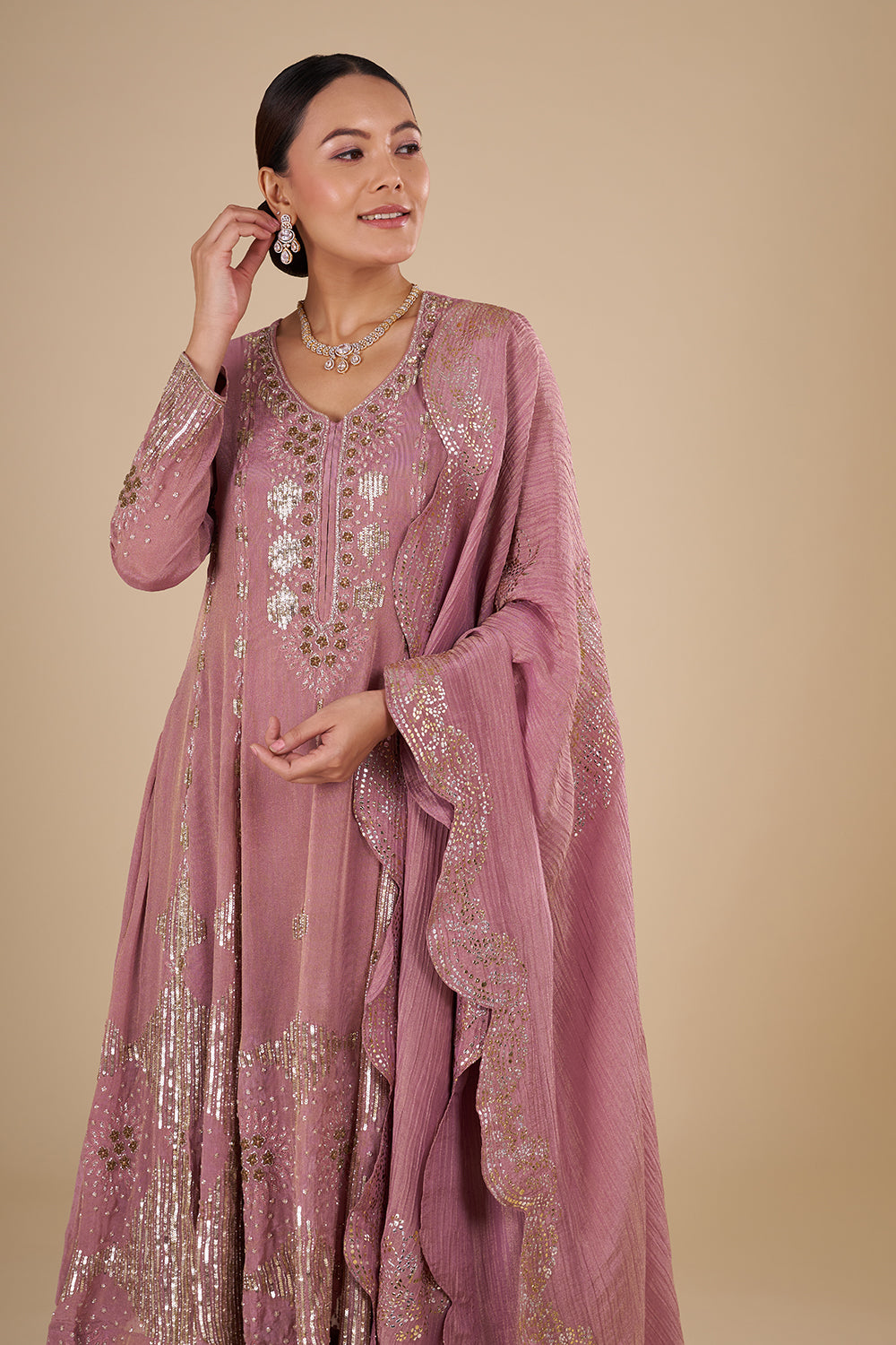 Rose Mauve Silk Blend Kurta Set with Zari and Sequins Handwork
