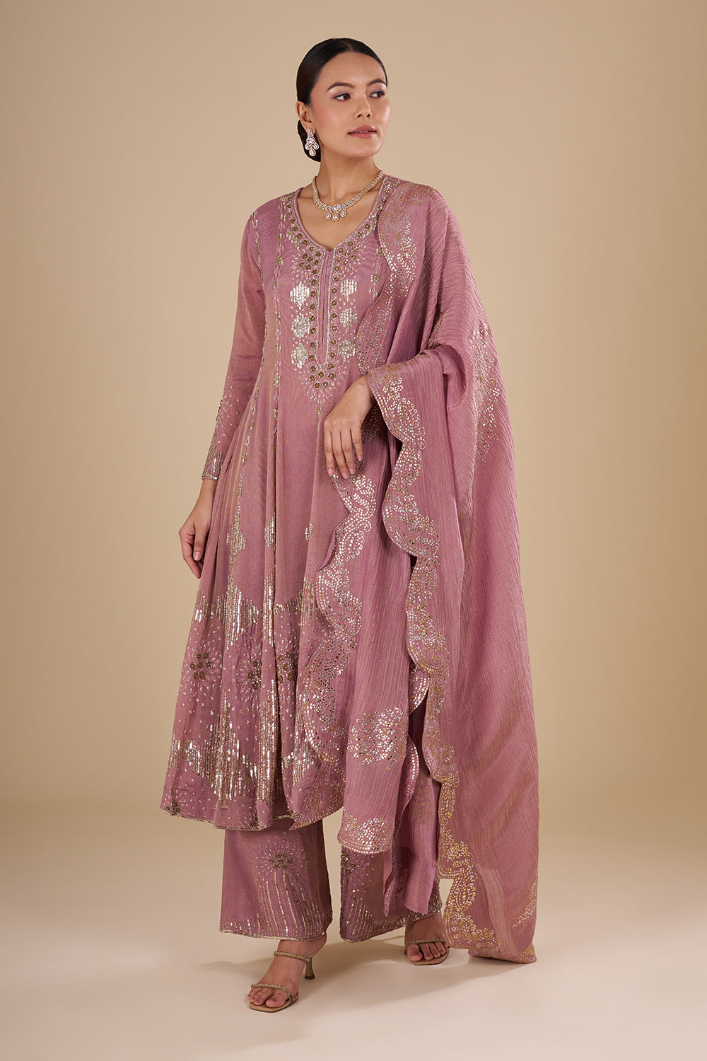 Rose Mauve Silk Blend Kurta Set with Zari and Sequins Handwork