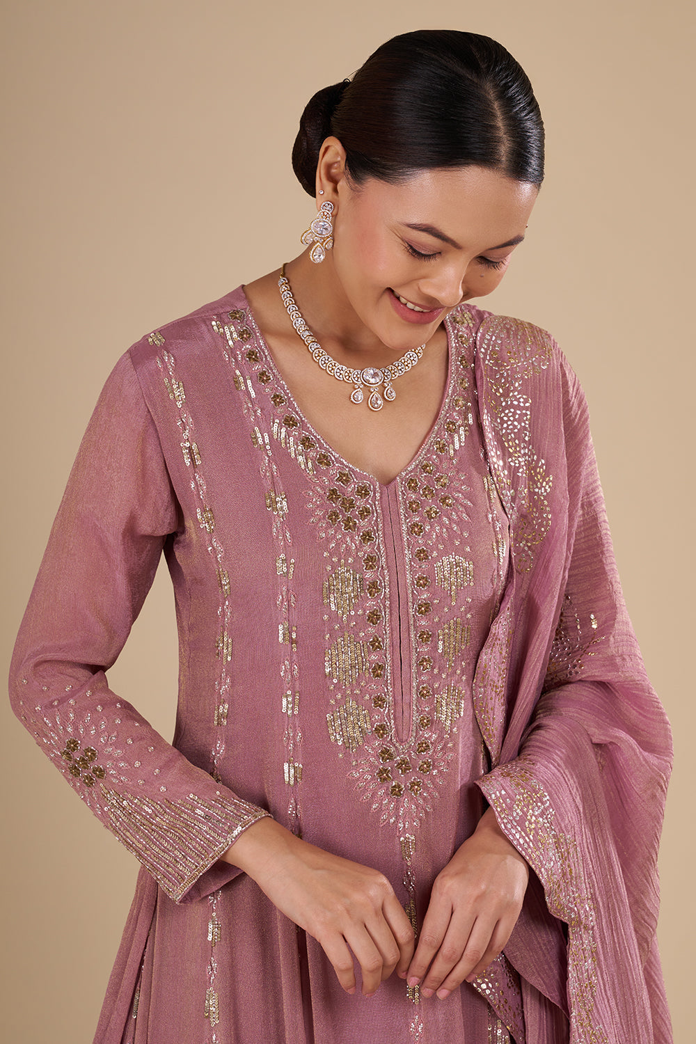 Rose Mauve Silk Blend Kurta Set with Zari and Sequins Handwork
