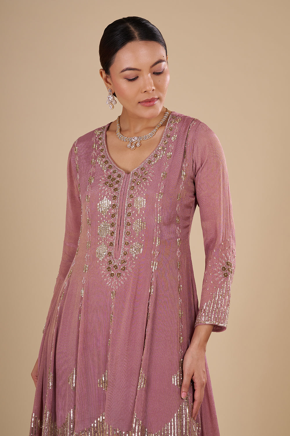 Rose Mauve Silk Blend Kurta Set with Zari and Sequins Handwork