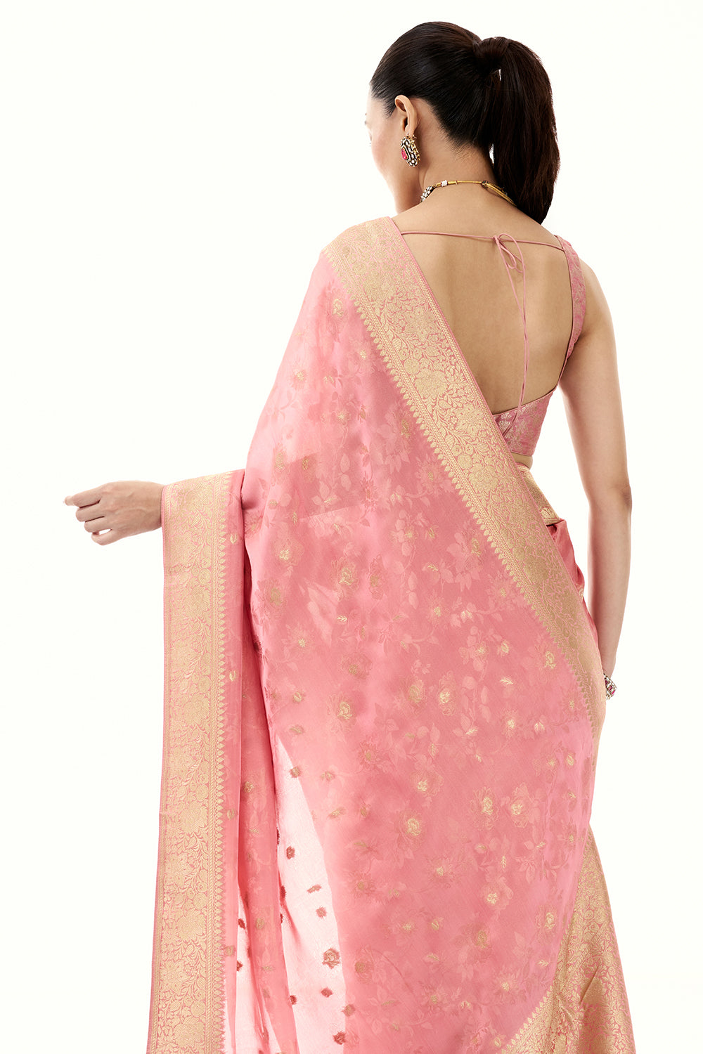 Rose Pink Art Silk Brocade Saree with Floral Motifs