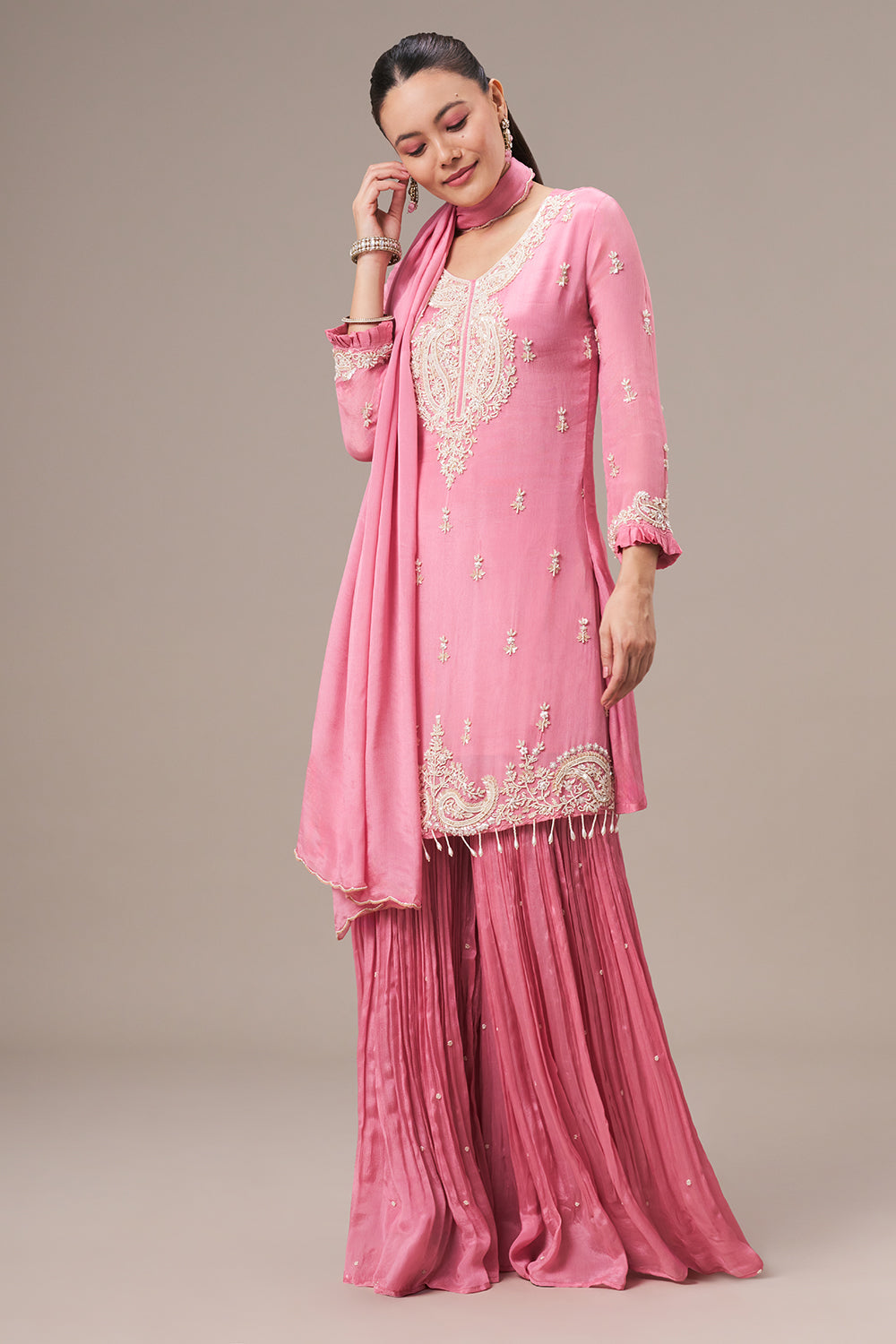 Rose Pink Chinon Sharara Suit with Pearl and Sequin Work
