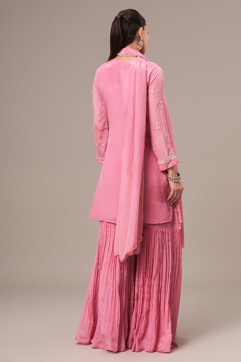 Rose Pink Chinon Sharara Suit with Pearl and Sequin Work