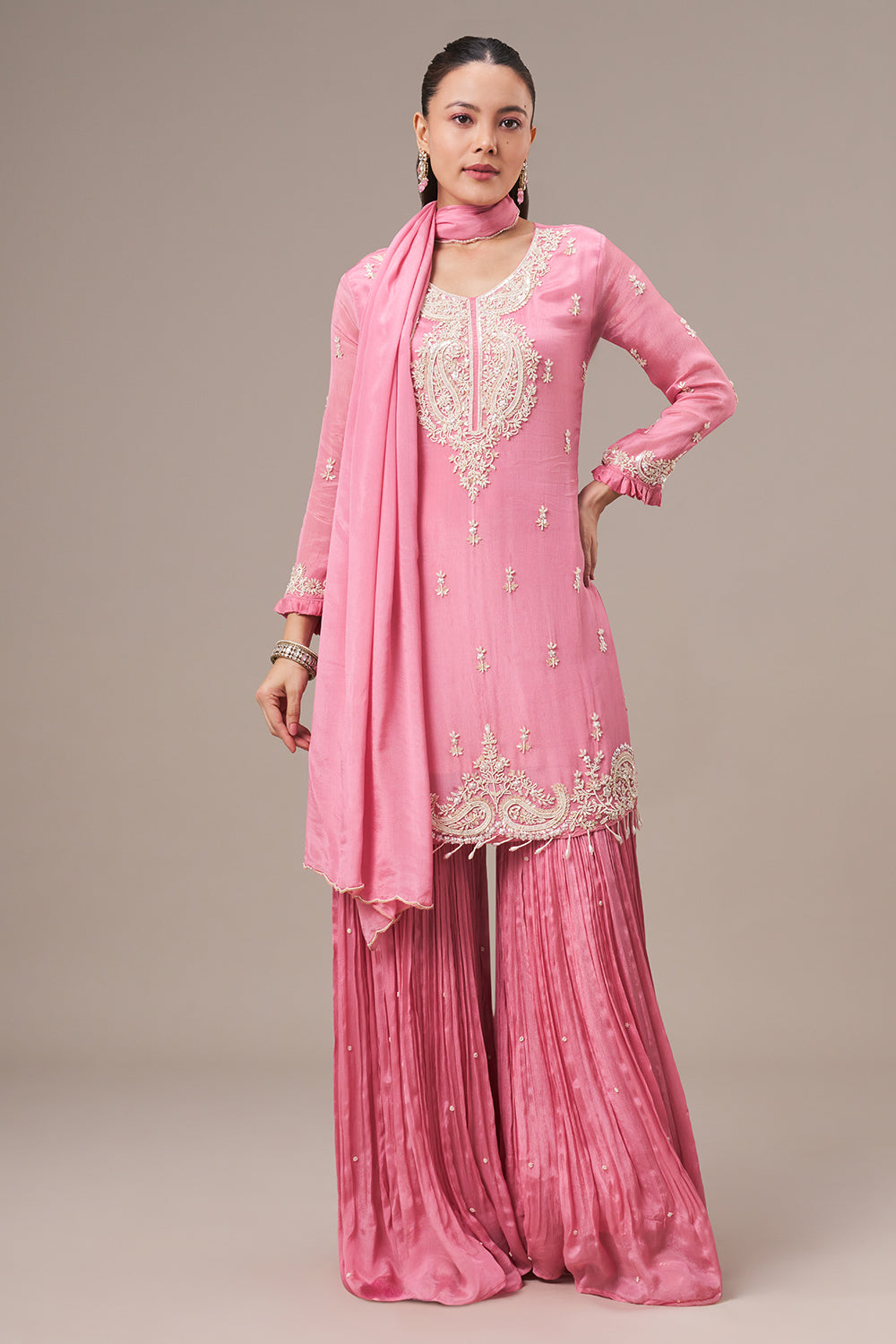 Rose Pink Chinon Sharara Suit with Pearl and Sequin Work
