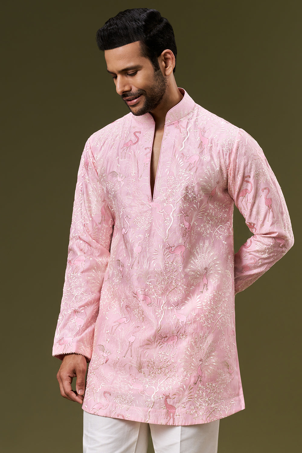 Rose Pink Cotton Silk Mens Kurta Set with Resham Floral Embroidery