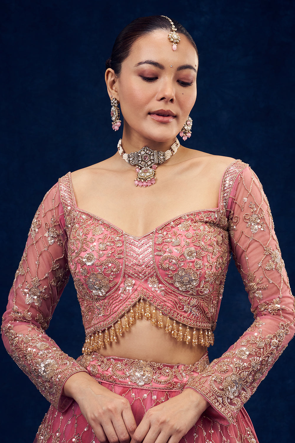 Rose Pink Net Lehenga with Cutdana and Sequin Handwork