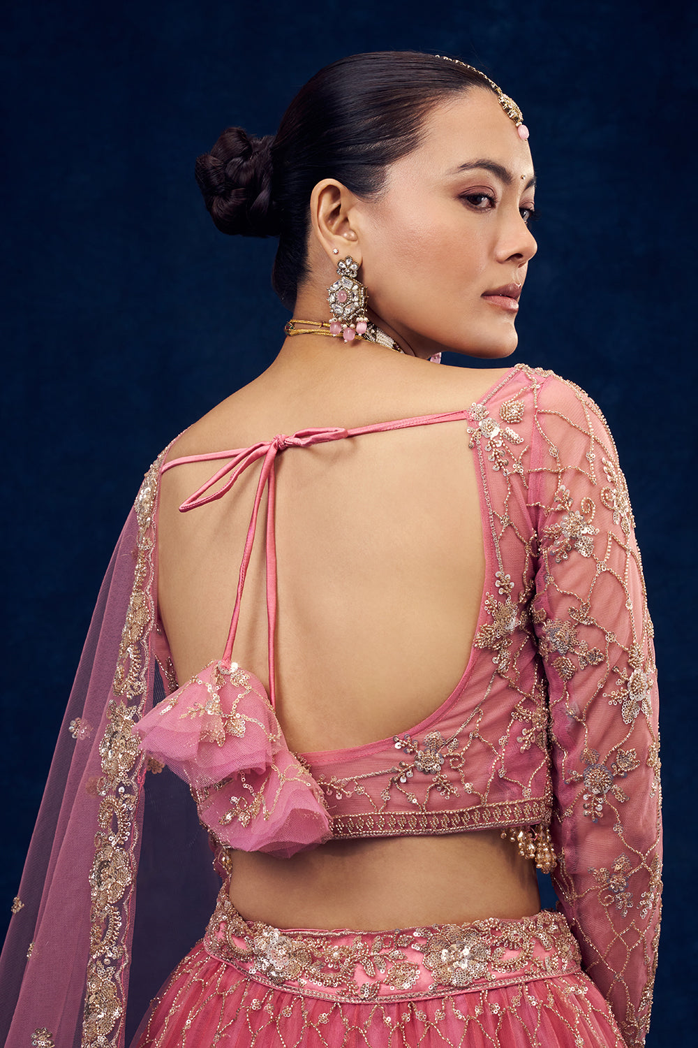 Rose Pink Net Lehenga with Cutdana and Sequin Handwork