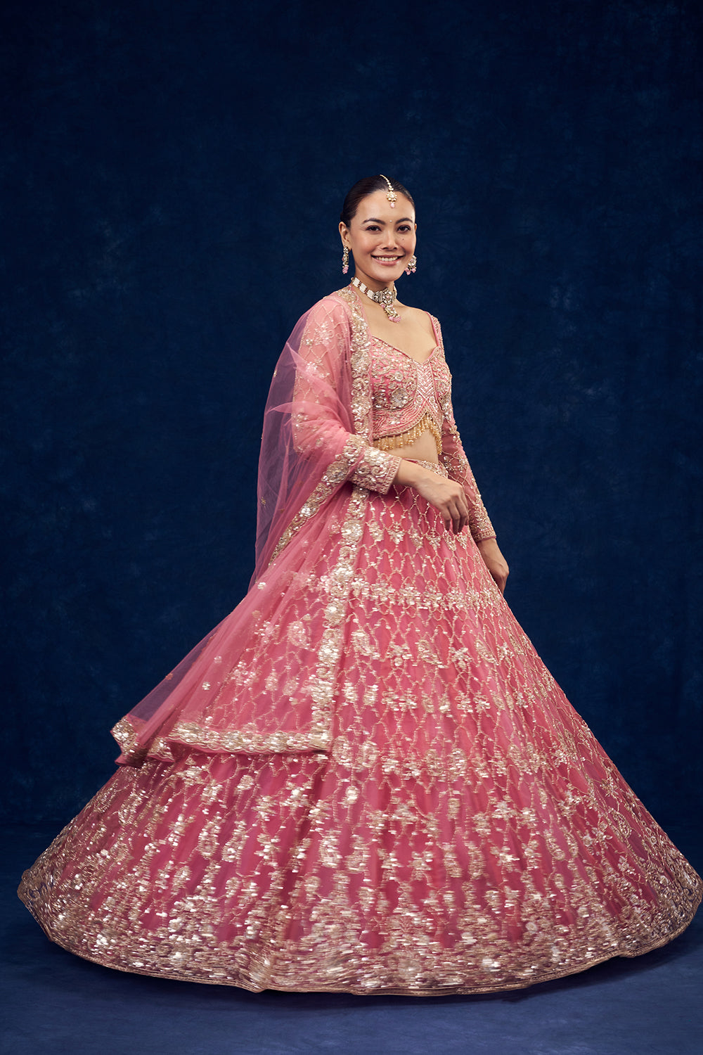 Rose Pink Net Lehenga with Cutdana and Sequin Handwork
