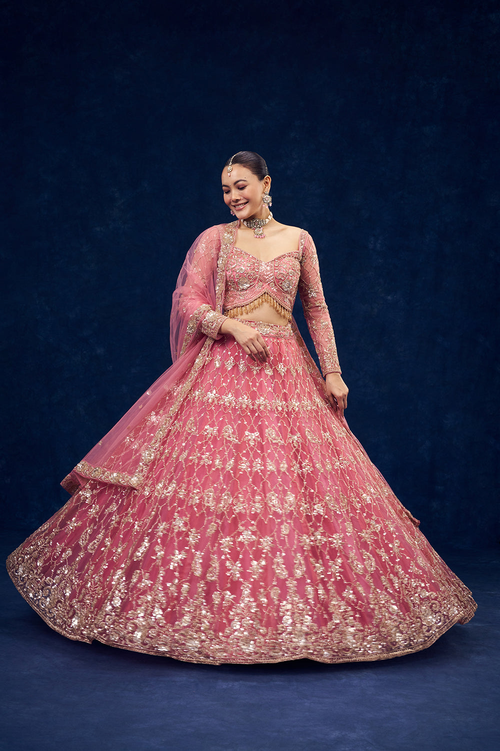 Rose Pink Net Lehenga with Cutdana and Sequin Handwork