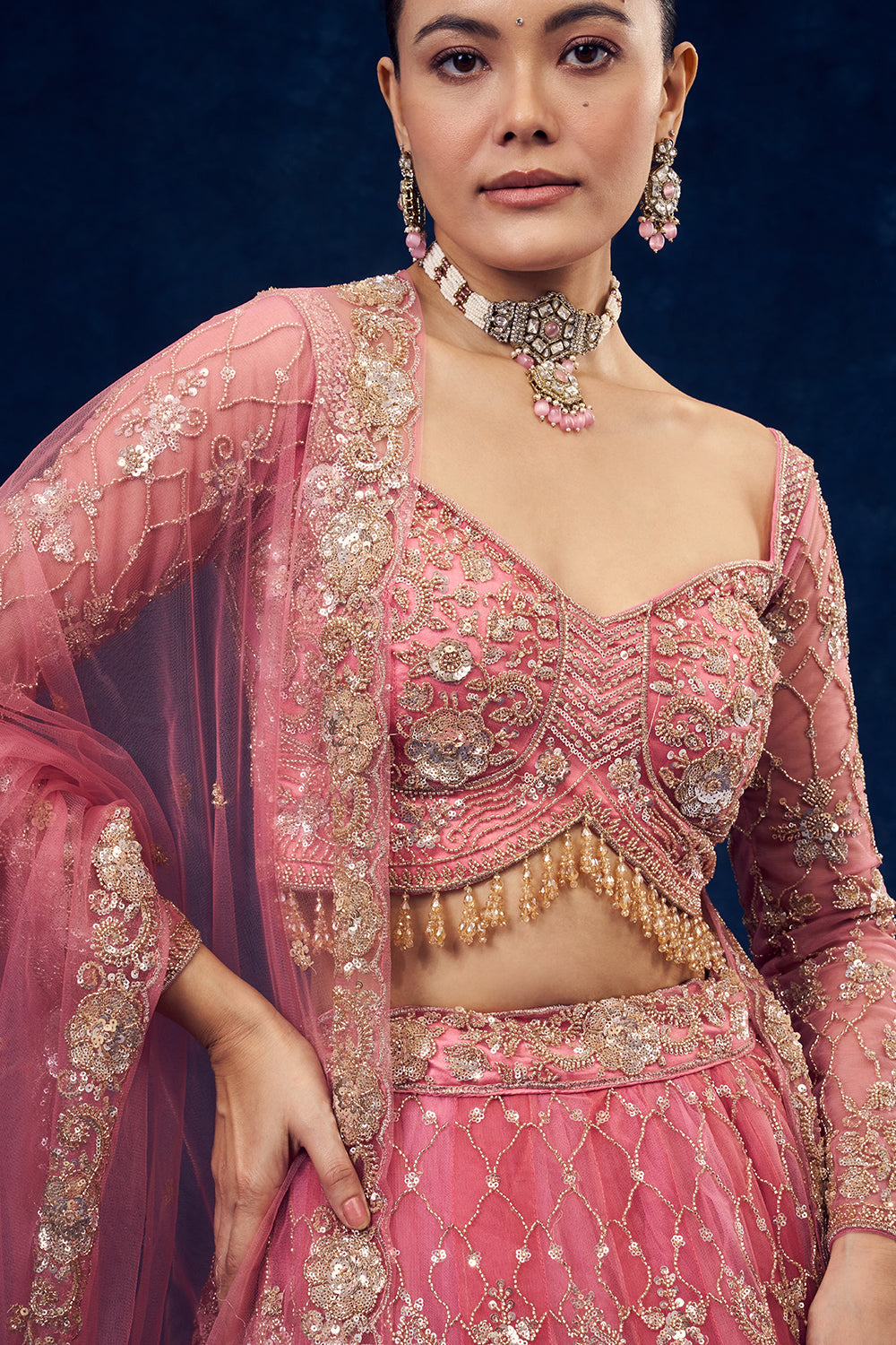 Rose Pink Net Lehenga with Cutdana and Sequin Handwork