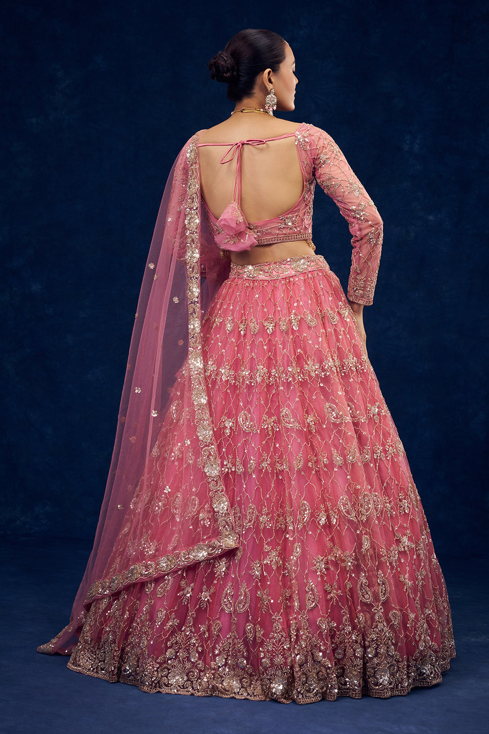 Rose Pink Net Lehenga with Cutdana and Sequin Handwork