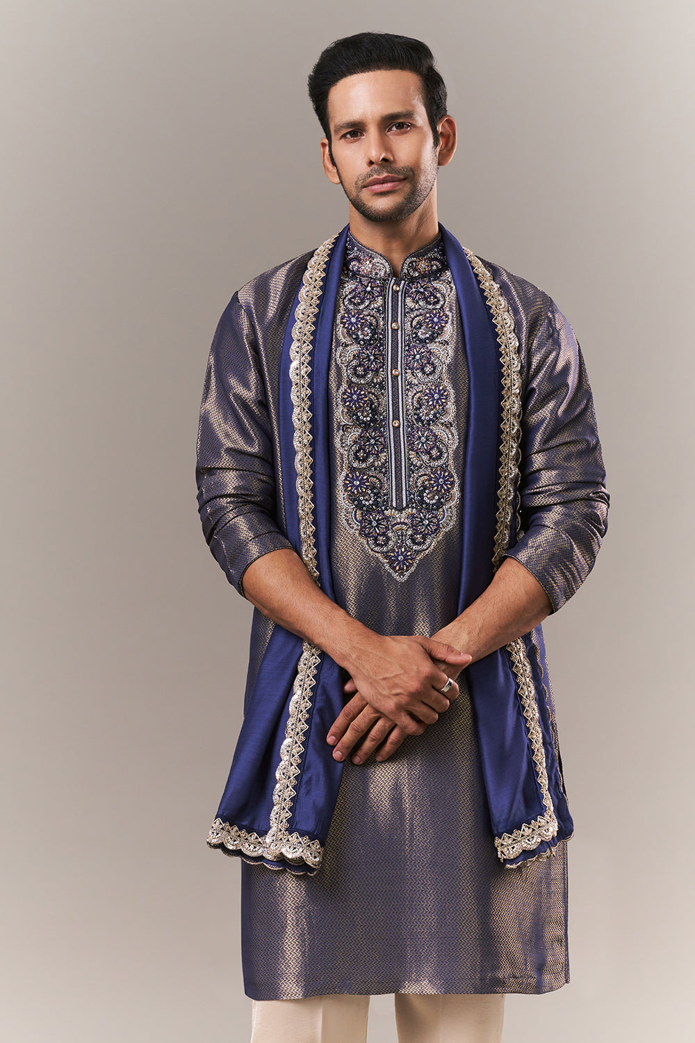 Royal Blue Brocade Silk Mens Kurta Set with Dori and Sequin Work