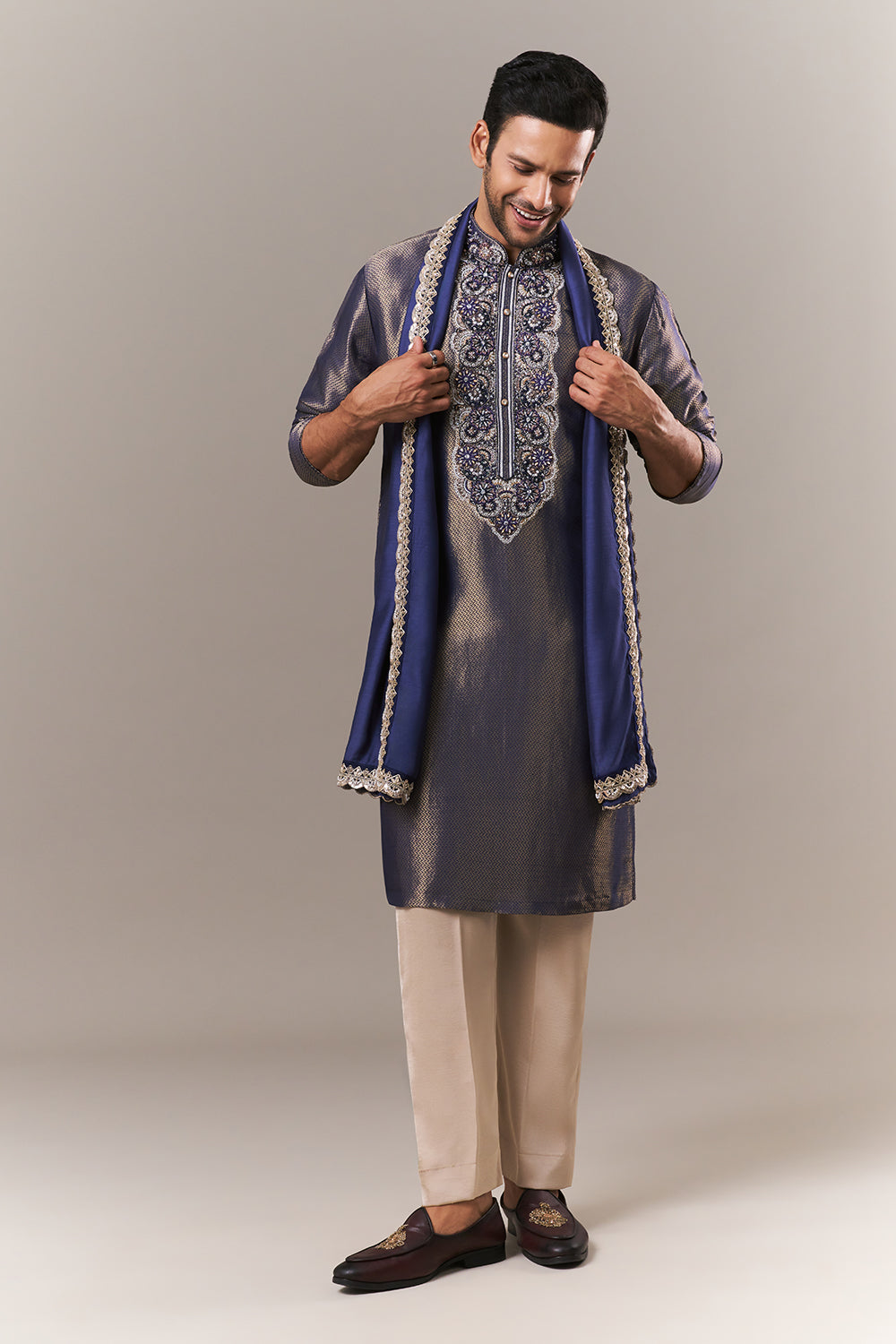 Royal Blue Brocade Silk Mens Kurta Set with Dori and Sequin Work