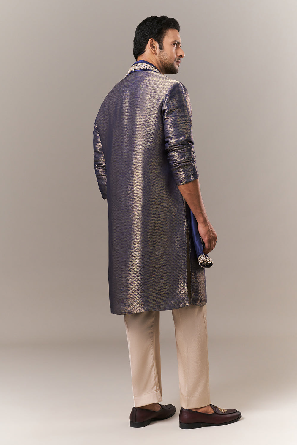 Royal Blue Brocade Silk Mens Kurta Set with Dori and Sequin Work