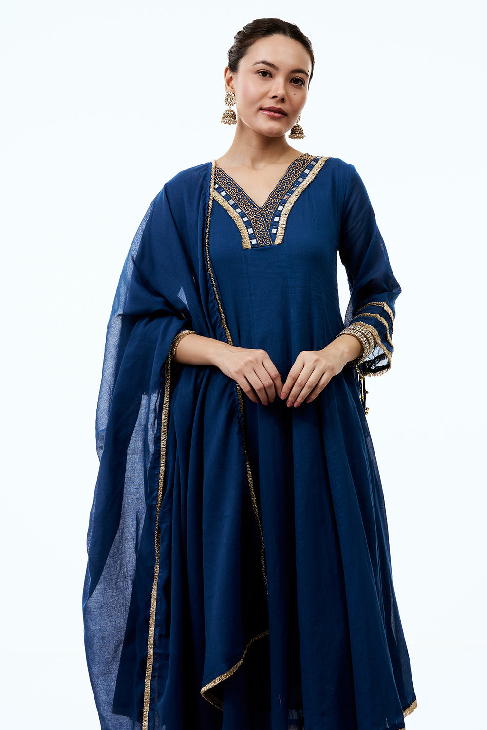 Royal Blue Cotton Semi-Anarkali Suit with Gold Beads and Resham Embroidery
