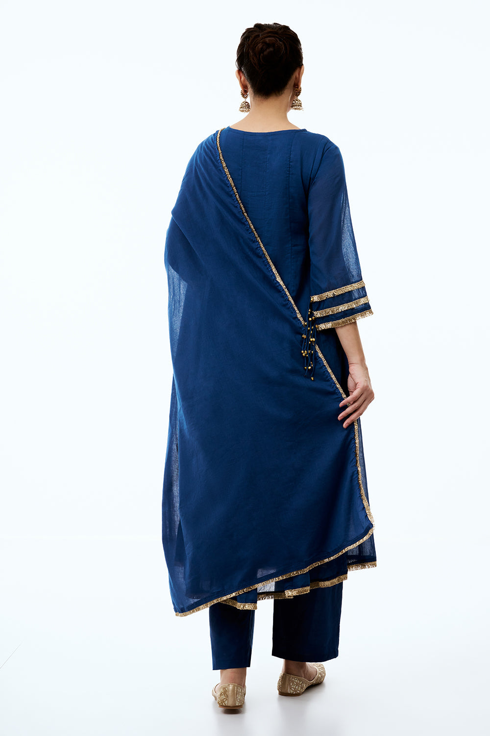 Royal Blue Cotton Semi-Anarkali Suit with Gold Beads and Resham Embroidery