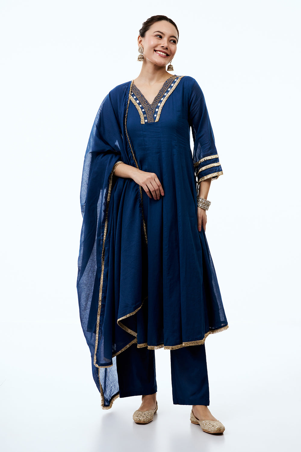 Royal Blue Cotton Semi-Anarkali Suit with Gold Beads and Resham Embroidery