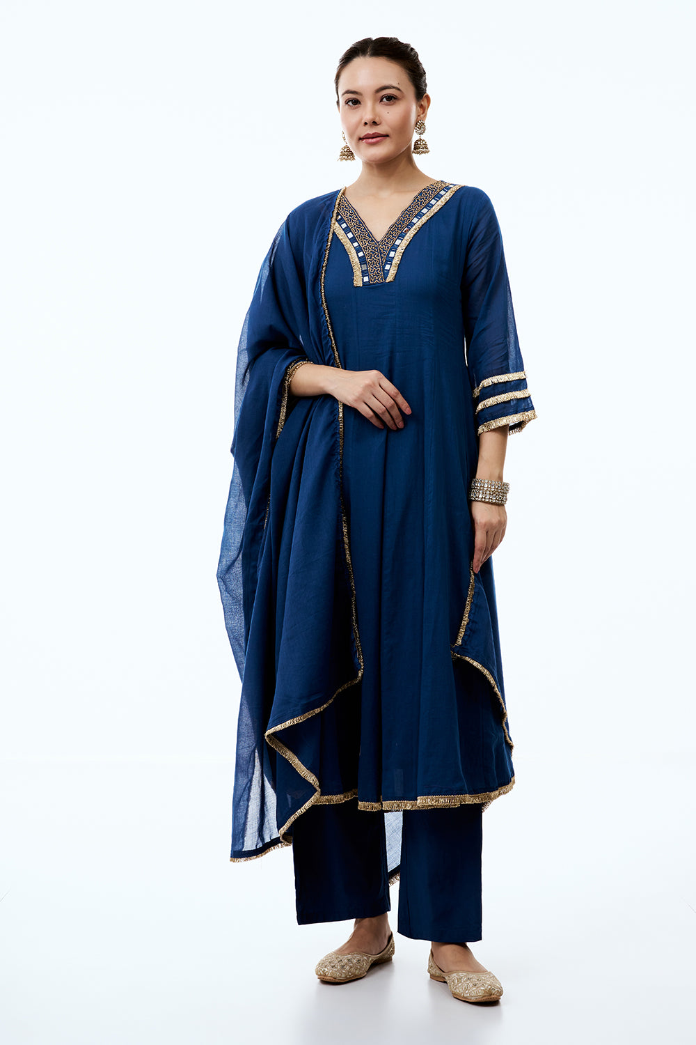 Royal Blue Cotton Semi-Anarkali Suit with Gold Beads and Resham Embroidery