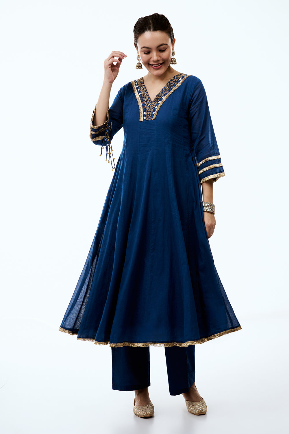 Royal Blue Cotton Semi-Anarkali Suit with Gold Beads and Resham Embroidery